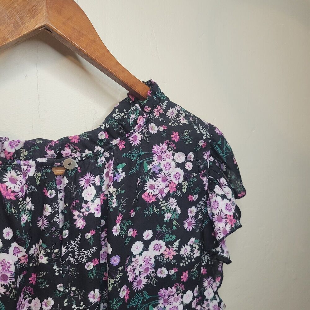 Janet Chung Peplum Floral Chiffon Top Black Purple Pink Flowers Ruffle Sleeve 2X - Picture 6 of 13